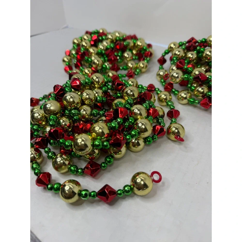 Vintage Christmas Tree Garland Red Gold Green Beaded 3 Strand Lot 9' Plastic